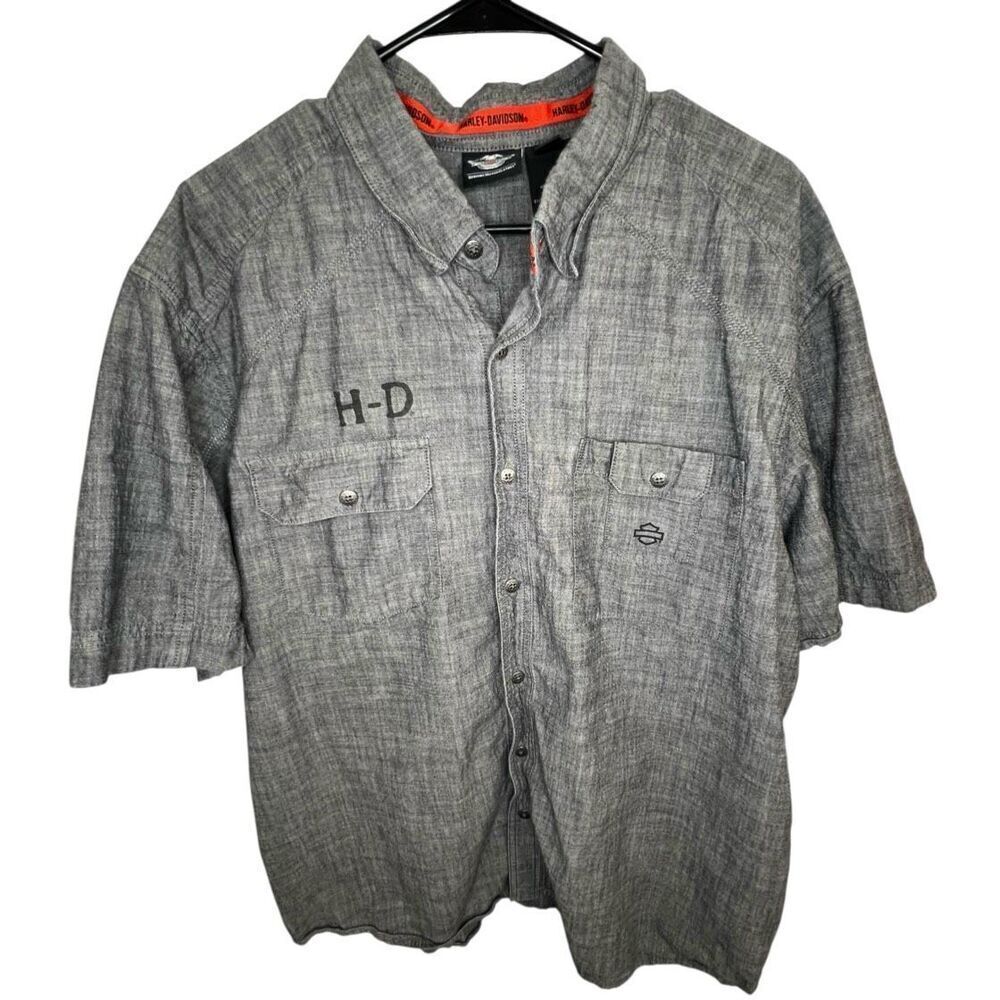 Harley Davidson Textured Canvas Graphic Short Sleeve Button Up Shirt